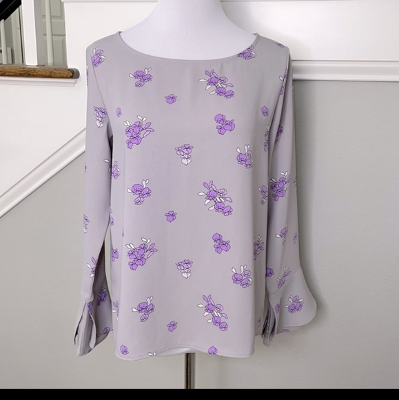 Ann Taylor Tops - Ann Taylor Gray and Purple Floral Bell Ruffle Sleeve Blouse
